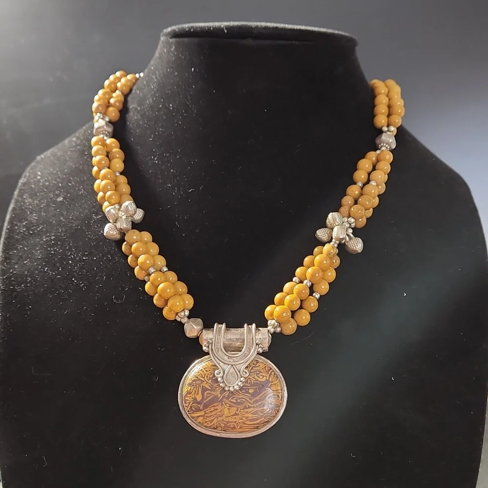 Sterling Silver with Golen Brown Speckeled Stone Necklace